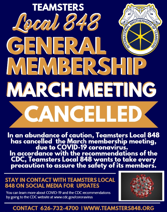 Local 848 General Membership Meeting Cancelation
