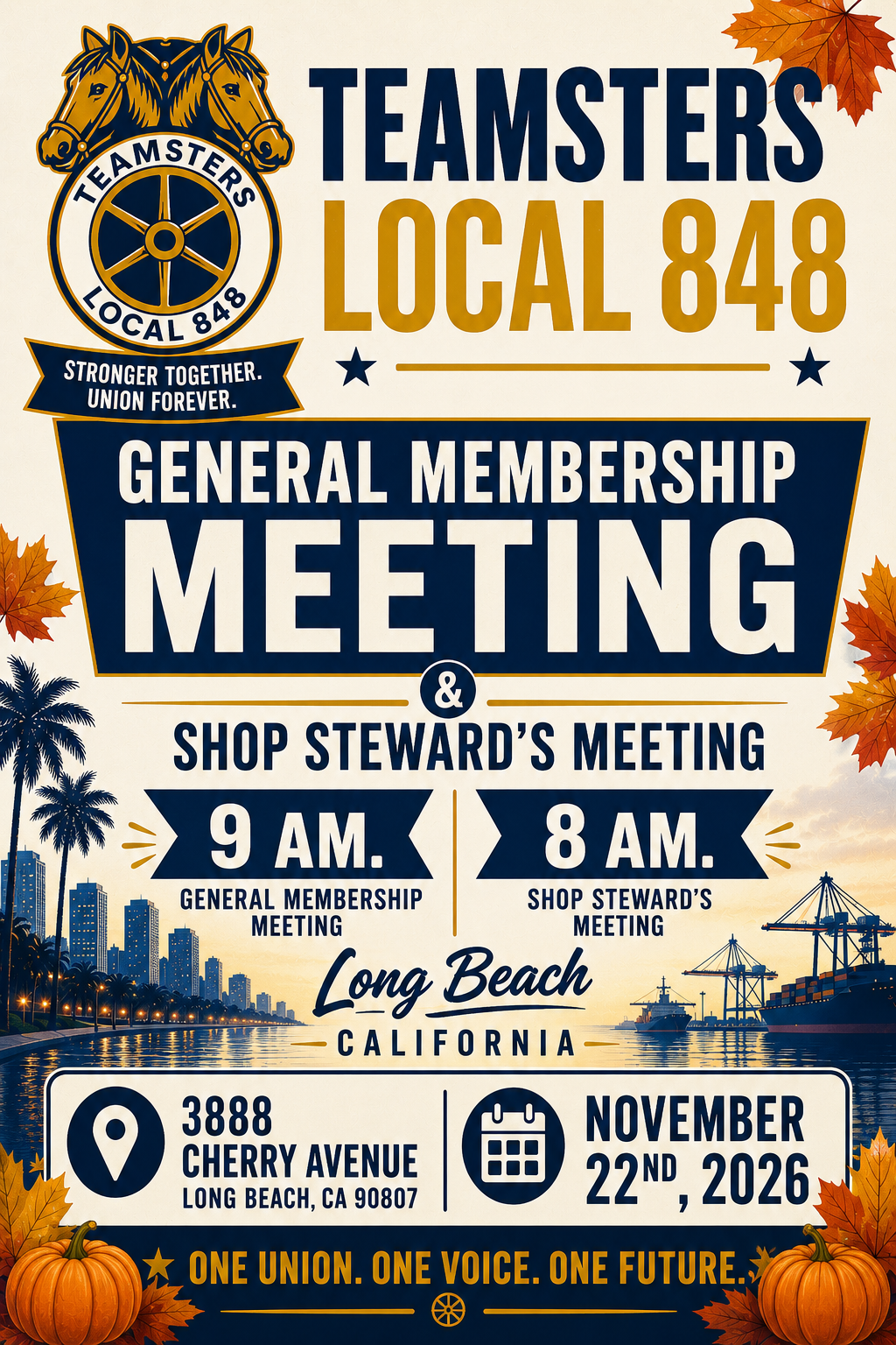 Teamsters Local 848 November 22, 2026 meeting flyer. Meeting times and address appear in the page text.